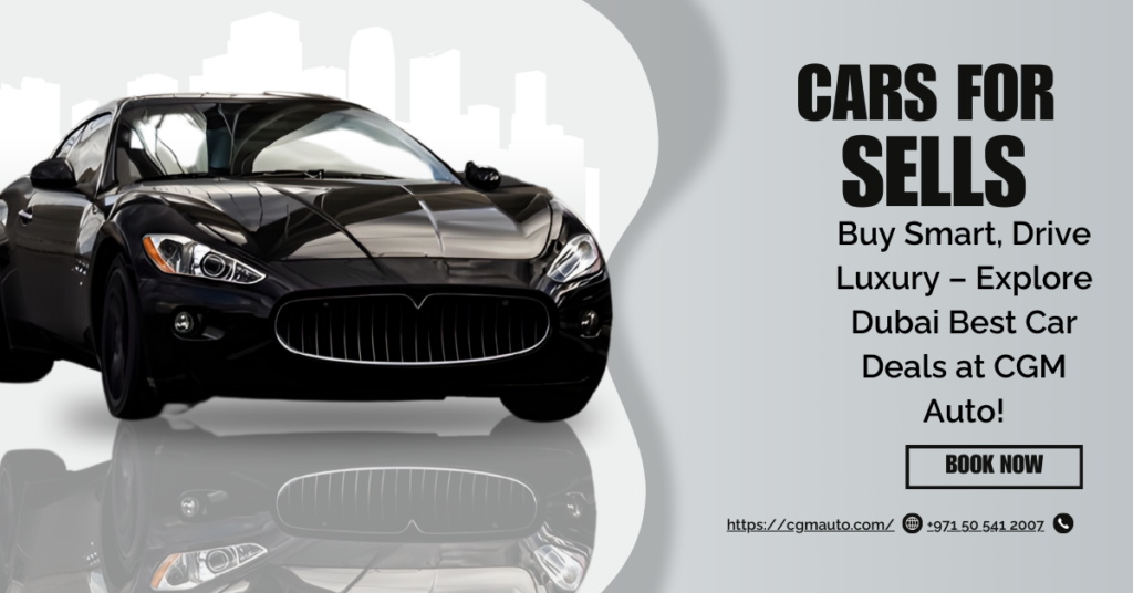 A sleek black Maserati with a city skyline background, promoting luxury car sales at CGM Auto in Dubai.