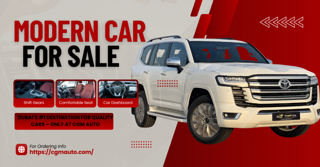 A white Toyota Land Cruiser with a stylish red-themed background, showcasing its shift gears, comfortable seats, and dashboard.